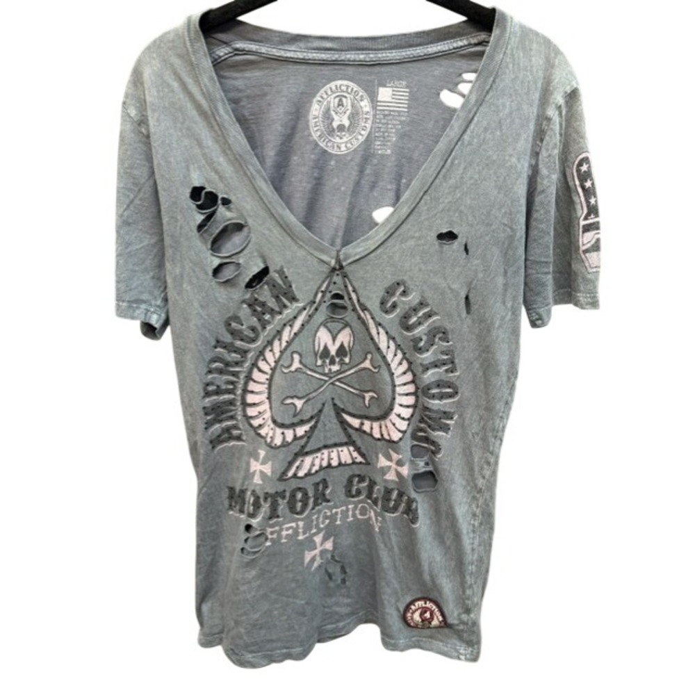 Affliction American Customs Distressed V-Neck T-Shirt Studded Gray Graphic L